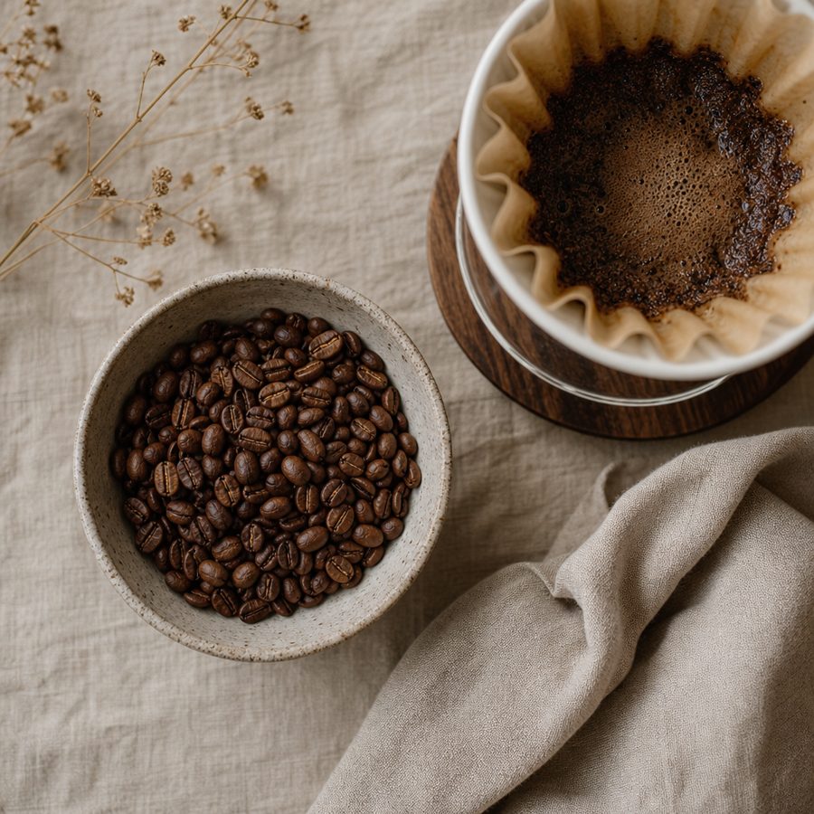 Freshly roasted coffee beans beside a pour-over dripper