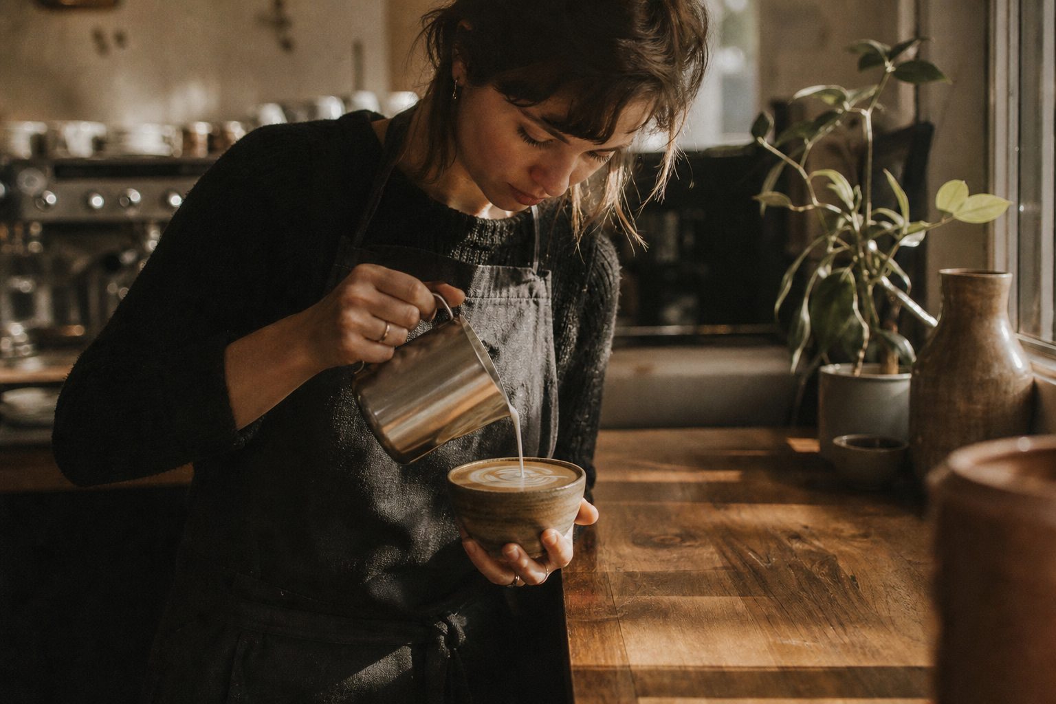 A barista pouring latte art at the Ember & Oak counter